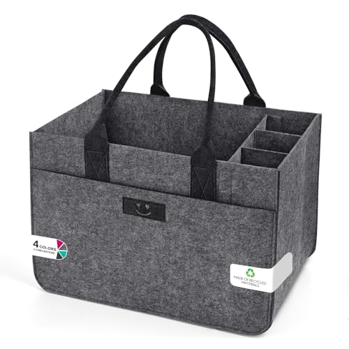 Eurhomewit Filz Einkaufskörbe Filztasche 30L Einkaufskorb Faltbar Einkaufstasche mit Fächern, Filztasche Groß Flaschentasche Kaminholztasche Kleiderkorb (Smiley Mittelgrau + Dunkelgrau/1 Stück)