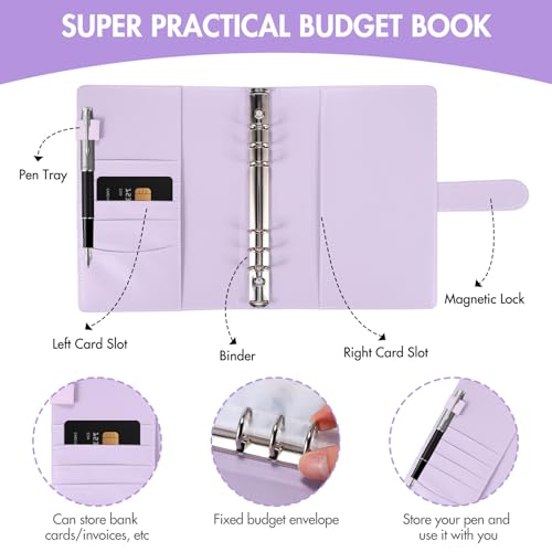 ALLOMN 100 Briefumschläge, A5 Geldsparung Geldordner Organizer Geldsparmappe mit transparenten Geldumschlägen und Magnetknopf für Paare, Büros, Zuhause, Schule (Violett)