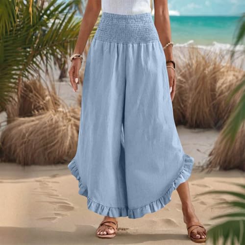 Wide Leg Pants Woman,High Waisted Flowy Pants for Women Ruffle Hem Cropped Elastic Waist Beach Office Boho Trousers4