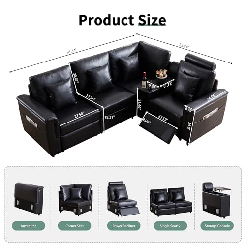Image of RARZOE Faux Leather Sectional Sofa with Power Recliner, L Shaped PU Leather Couch with Storage Console Charging Cup Holders, 4 Seater Oversized Modular Reclining Couches for Living Room,Black