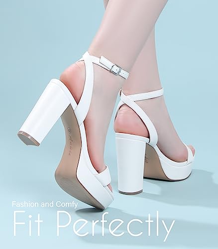 Image of Ankis Platform Heels for Women 4 Inches Chunky Heels Sandals for Women Comfy Open Toe Block Heeled Sandals Nude White Silver Gold Black Ankle Strappy Heels