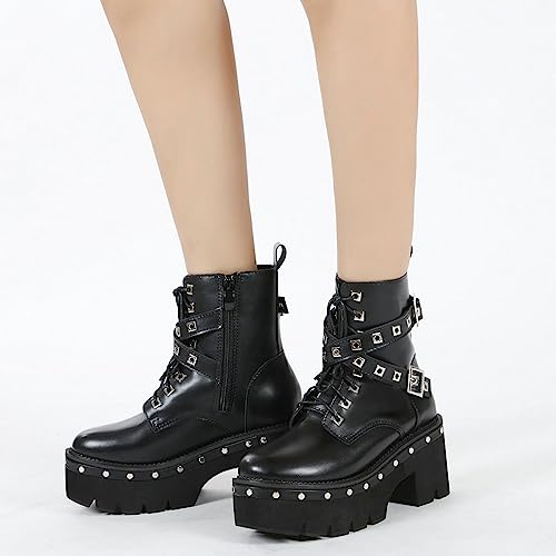 Image of Parisuit Womens Goth Patent Ankle Boots Platform Chunky Combat Boots | Lace Up, Gothic Boots, High Heel, Punk Short Booties, Buckle Boots, Chain Boots