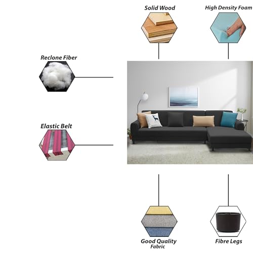 Image of Kraven RHS 6 Seater L Shape Sofa Set for Living Room (Black Fabric) Premium Fabric Sofa