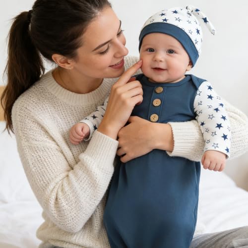 Image of AMAWMW Newborn Baby Boys Girls Cartoon Sleeper Gown Long Sleeve Mountain Nightgown Hat Outfits