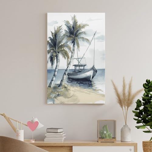 Impression sur toile palmiers et bateau de pêche pour déco murale