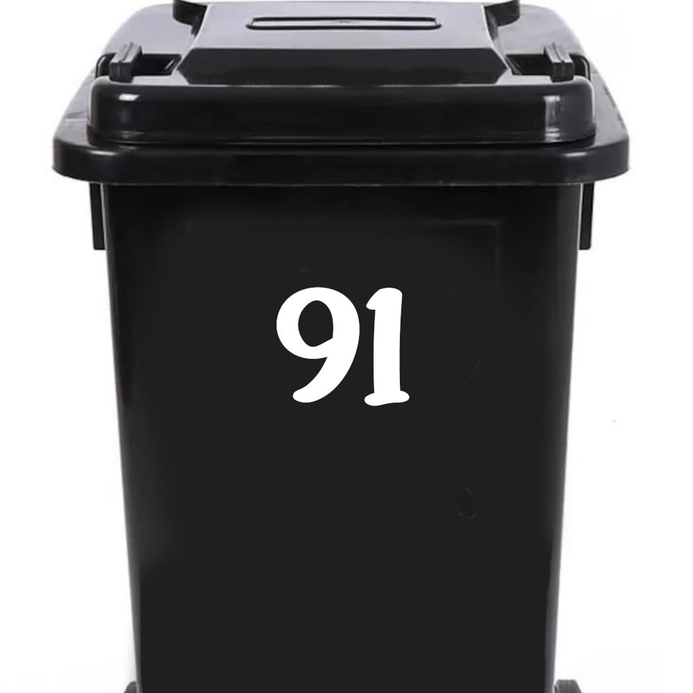 Pack of 4 House Number Wheelie Bin Stickers - Waterproof Decals - Easy-to-Apply - Recycling Boxes - Party Decorations (91)