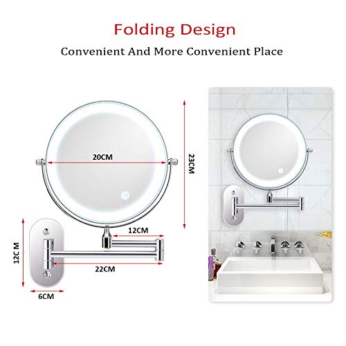 8'' Bathroom Mirrors Wall Mounted Makeup Mirror, Upgrade Auto Off LED Shaving Mirror 1X/10X Magnifying Double Sided 360° Swivel Extendable, Powered by 4 x AAA Batteries (chrome)