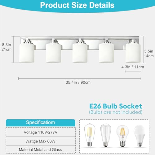 Image of Modern Bathroom Lighting Fixtures Over Mirror, Vanity Lights for Bathroom, Wall Sconces with Milky White Glass Shades, E26 Ceramic Socket, 5-Light 35.4-inch Chrome