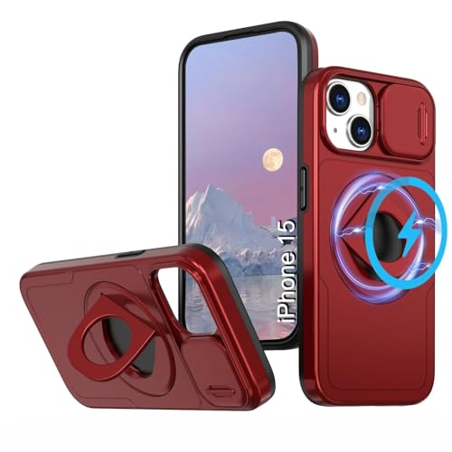 Image of LuxuryKase MagSafe Shockproof Rugged Back Case for iPhone 15 | Finger Ring Kickstand & Sliding Camera Cover | Military Drop Protection | Wireless Charging Support - Red