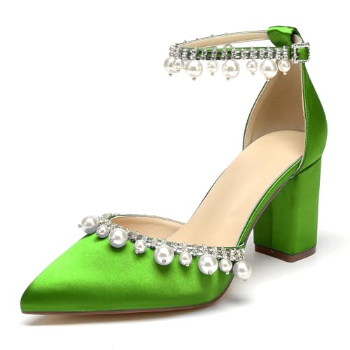 Women's Satin Closed Pointed Toe High Heels Wedding Shoes for Bride with Ankle Strap Rhinestone Chunky Heels Formal Evening Prom Party Dress Shoes Pumps