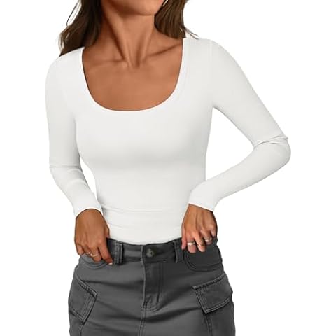 ATHMILE Long Sleeve Shirts Women Fall Fashion 2025 Ribbed Scoop Neck Casual Going Out Tops Outfits Slim Basic Tee Fitted Trendy Clothes Undershirt A-White Cover