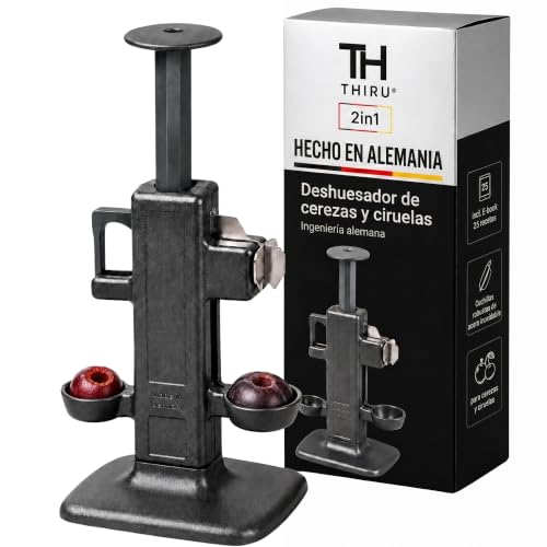 Deshuesador de cerezas Thiru premium - Herramienta combinada para ciruelas y cerezas - Cuchillas robustas de acero inoxidable - Fabricado en Alemania - no aplasta la fruta