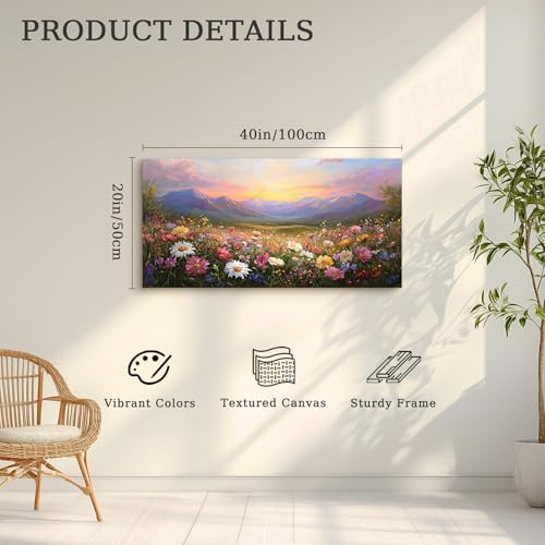 crmotu Large Landscape Wall Art, Flower Wall Art, Floral Wall Decor, Daisy Field Artwork for Walls, Mountain Wilderness Scenic Paintings Wall Decor Living Room Bedroom Kitchen Canvas Prints 20x40inch