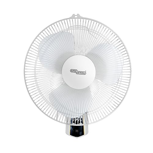 Super General Plastic Electric Wall Mount Fan SGWF16MR 3 RPM speed Lightweight 4.5 kg Remote Control Corded Electric 3 Blades Compact 14.7 W x 59.5 D x 49.7 H cm White 1 Year Warranty