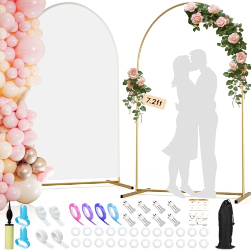 Arch Backdrop Stand and Cover Set| 7.2ft Wedding Metal Arch Stand with Spandex Fitted Backdrop Cover|Gold Balloon Arched Frame White Arch Cover for Birthday Party Baby Shower Graduation Ceremony Decor