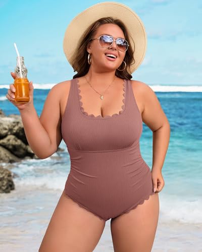 Image of Charmo Plus Size Swimsuit for Women 2026 Tummy Control Scalloped Ribbed One Piece Swimsuits Ruched Modest Bathing Suit