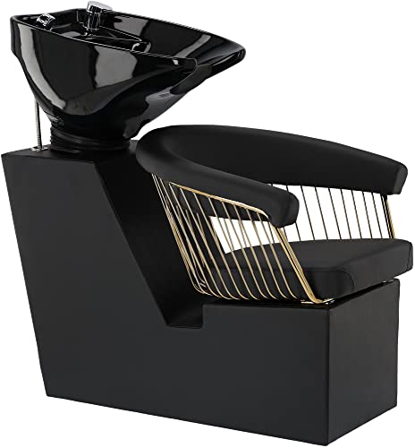 Lavabo de coiffure Zoe Gold avec lavabo mobile en céramique noir avec mitigeur pour studio de coiffure Barber