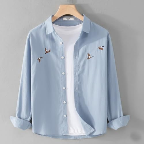 Image of Men's Cotton Blend Casual Wear with Bird Embroidery | Regular Fit Full Sleeve Button Down | Lightweight Summer Style for Daily, Office & Party