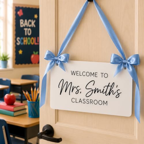 Image of Personalized Teacher Door Sign, Custom Teacher Name Acrylic Classroom Welcome Sign with Ribbon, Back to School Classroom Door Decor, Teacher Wall Hanging Sign, First Day of School Gift for Teachers