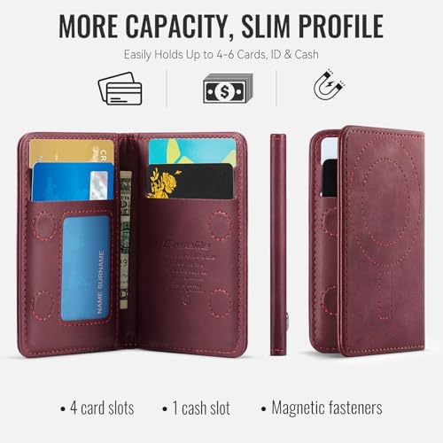 Image of Magnetic Wallet Card Holder with RFID Protection, PU Leather Slim Wallet, Strong Magnet Attachment for iPhone 18 /17 /16 /15 /14 /13 /12 Series Pro Max Plus Mini-Wine