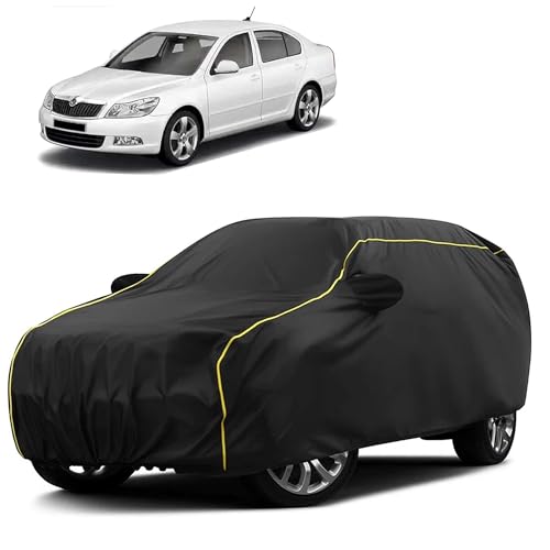 Image of Sulfar 100% Water Resistant Car Body Cover Compatible with Mirror for Skoda Laura (Triple Stitched, Full Bottom Elastic, Black Taffeta with Yellow Piping)