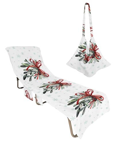 Christmas Leaves Beach Chair Towel Covers for Chaise Lounge with Side Pocket, Soft Plush Pool Towels Cover for Patio Sunbathing Outdoor 29''x85'' Red Green Winter Snowflake