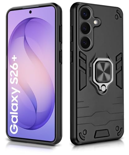 Image of WOW IMAGINE Shock Proof Back Case Mobile Cover for Samsung Galaxy S26 Plus 5G | Back Cover Case (Tough Armor | Hybrid PC + TPU | Ring Holder & in-Built Kickstand | Black)