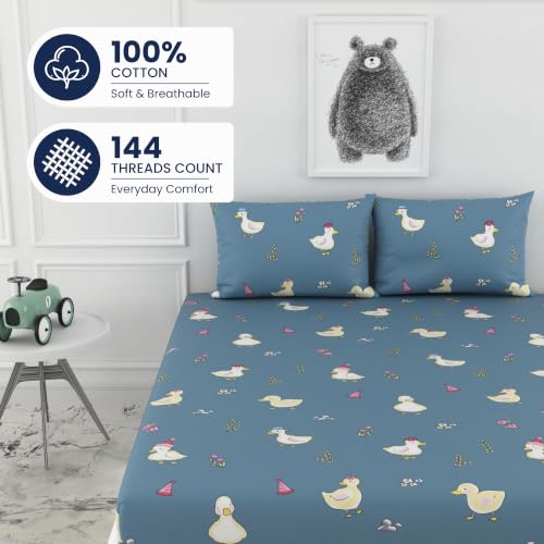 Image of LORETO - A QUALITY LINEN BRAND 144 TC 100% Pure Cotton King Size Fitted Bedsheet with 2 Pillow Covers for 72 x 72 Inch Mattress, All-Around Elastic, 8 Inch Deep Pocket, Pastel Blue Duck Party