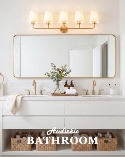 Image of 5-Light Gold Bathroom Light Fixtures with White Fabric Shades