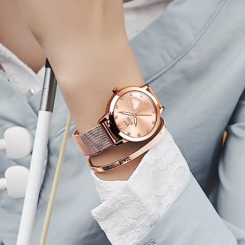 Image of OLEVS Rose Gold Watch for Women Mesh Strap Fashion Dress Hearts Japanese Quartz Waterproof Luminous Ladies Watches Bracelet Sets