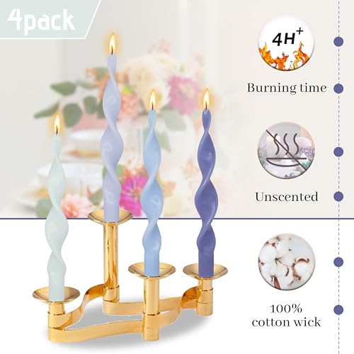 Image of Smokeless Gradient Blue Spiral Taper Candle 10 Inch Unscented Candlesticks Handmade Long Twisted Candles for Wedding Church Home Decor Gifts 4 Pcs