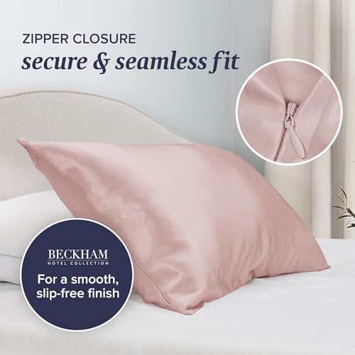 Image of Beckham Hotel Collection Silk Pillow Case with Zipper, 100% Mulberry Silk Pillowcase for Hair & Skin, 22 Momme 6A Grade, Oeko-TEX Certified, 1PC, King, Cherry Pink