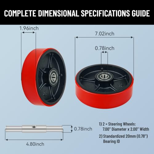 Image of Set of 2 Pallet Jack Steering Wheels (7 inch x 2 inch) Red Polyurethane on Steel Hub - Heavy Duty Replacement Parts with Pre-Installed Bearings, Axles & Fasteners - Fits Most Pallet Trucks