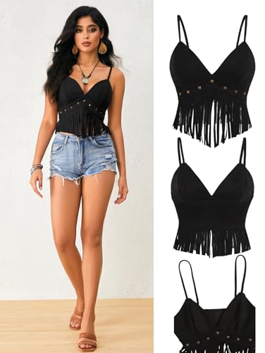 OYOANGLE Women's Y2K Fringe Sleeveless Spaghetti Strap Faux Suede Vintage Hippie Crop Top Blouse3