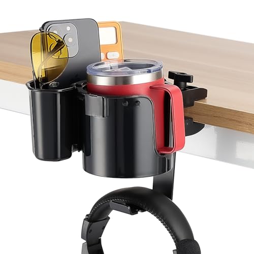 KEMIMOTO 2 in 1 Large Cup Holder with Headphone Hanger,Black, Caddy Organizer for Gaming Table Office Table, Lawn Chair, Golf Cart, Pontoon Boat, Suitable for Most 18-32 oz Bottles