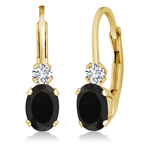 Gem Stone King 14K Yellow Gold Black Onyx and White Diamond Leverback Earrings For Women | 0.85 Cttw | Gemstone December Birthstone | Oval 6X4MM, Round 2MM | 3/4 Inch