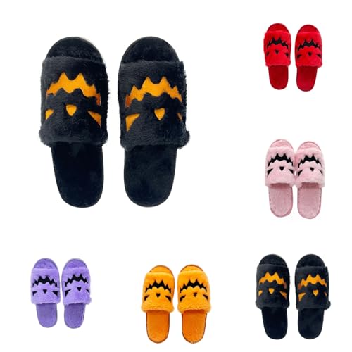 Halloween Slippers Soft Fuzz Open Toe Slides For Women, Men Cute Pumpkin & Ghost Indoor Pjs Shoes Winter Holiday Slippers