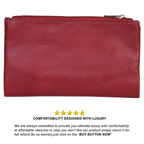 Leatherboss Genuine Leather Slim Compact Clutch Debit Credit Slim Card Holder Wallet with Coin Pocket for women, Cherry4