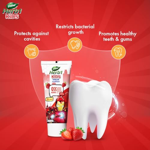 Image of Dabur Herb'l Kids Iron Man Toothpaste - 160g (80g x 2) | Strawberry Flavour | 3+ Years | No Added Chemicals | Cavity Protection | Fights Germs | Strong Teeth & Healthy Gums | SLS & Fluoride Free