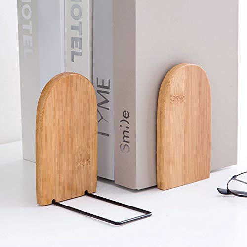 2 Pcs Natural Bamboo Bookend Large Capacity Office Book Ends Anti Slip Book Stand Holder Bookshelf...