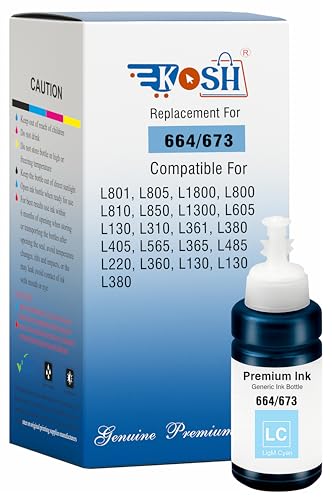 Image of KOSH T673 Refill Ink Compatible for Use in Epson L801, L805, L1800, L800, L810, L850, L1300, L605 Ink Tank Printers - 70 ML Each Bottle (1, Light Cyan)