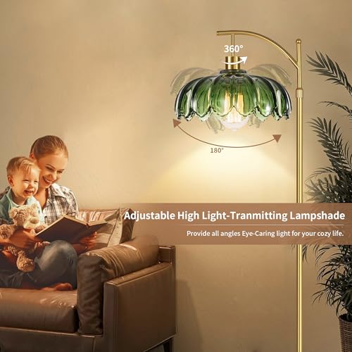 Image of AHDWDW Floor Lamp for Living Room Bedroom,Gold Dimmable Standing Lamp with Remote,Mid Century Modern Brass Tall Lamp Vintage Green Glass Lamp Floor Light,Arc Unique Floor Lamps for Office Corner