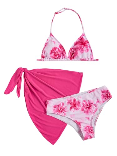 Image of SOLY HUX Girl's Summer Swimsuit Set Floral Halter Triangle Bikini Set with Wrap Skirts Beachwear
