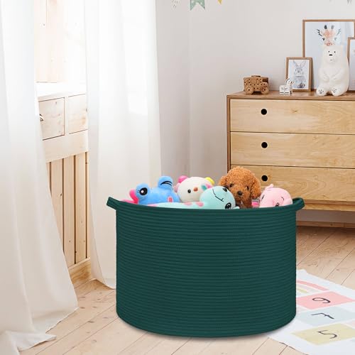 Image of Large Cotton Rope Blanket Basket, 87L Laundry Hamper, Dark Green