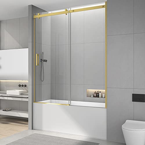 Sunrosa Semi-Frameless Glass Shower Door 59-2/8"×60", Single Sliding Shower Door with Handle, Bathtub Shower Door with Tempered Glass, Aluminum Shower Door for Bathtub in Brushed Gold Sunrosa Semi-Frameless Glass Shower Door 59-2/8"×60", Single Sliding Shower Door with Handle, Bathtub Shower Door with Tempered Glass, Aluminum Shower Door for Bathtub in Brushed Gold