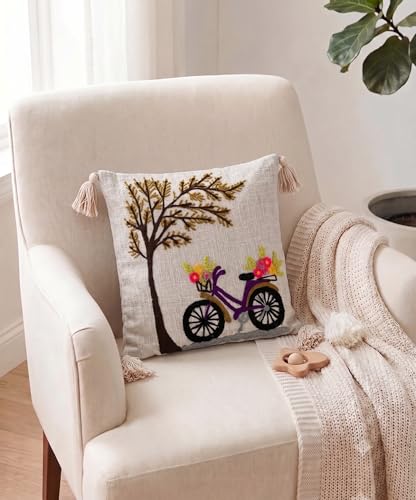 Furnistitchs Embroidered Cushion Covers 16x16 Inches (40x40 cm), – Boho Aesthetic Pillow Cover for Sofa, Couch, Bed, Earthy Tone, Minimalist Decorative Throw Pillow Cover (1, Bicycle Tree)