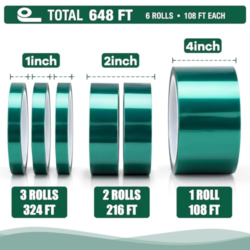 Image of 6 Pcs High Temp Tape Total 648 ft Green Pet Heat Resistant Masking Tape Sublimation Silicone Adhesive No Residue 392f for DIY Epoxy Resin Powder Coating Circuit Board(1 inch 2 inch 4 inch)