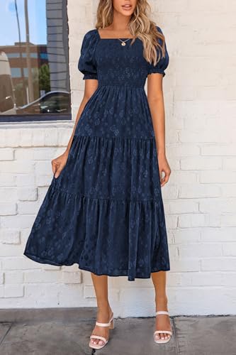PRETTYGARDEN Women's 2025 Summer Casual Midi Dresses Square Neck Short Sleeve Smocked A Line Floral Flowy Elegant Boho Dress4