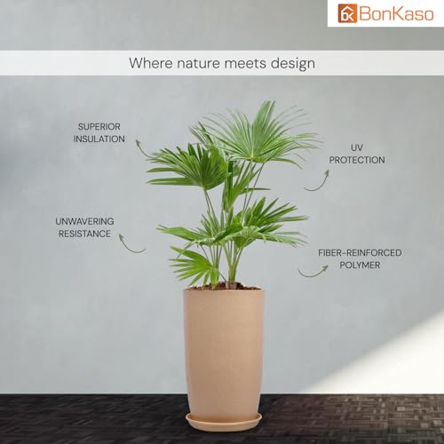 Image of BonKaso 14 inch Beige Flower Pot - Tall, Durable & Lightweight Polymer Tower Planter for Indoor & Outdoor Use: Home, Office, Garden & Balcony (Gamla /Gamale)