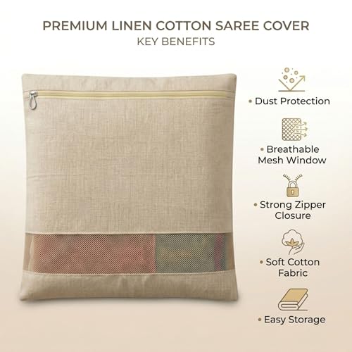 Image of Cotton Saree Cover Bags Set of 6 - Breathable Clothes Storage Organizer for Saree, Garments | Foldable Zip Wardrobe Bags with Transparent Mesh Window | Dustproof Closet & Travel Use